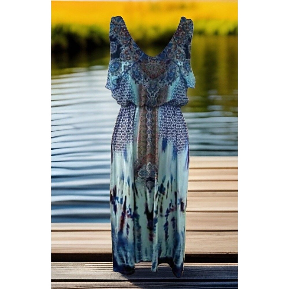 One World Paisley Boho Blue Ruffle Sleeveless Hi Lo Empire Waist Dress S - Picture 1 of 9